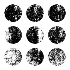 Grunge circles with stains and scratches. Circle brush stroke, round shape design element. Distressed dirty text frame, border, sticker or label. Paintbrush, ink stains. Vector illustration