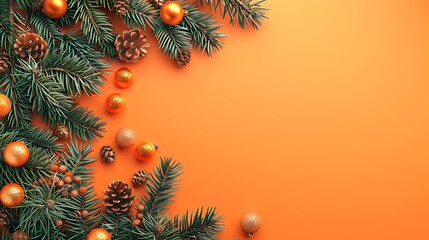 Festive christmas background fir tree branches with christmas decorations on orange background