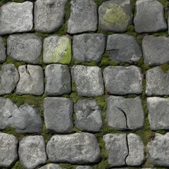 Grey Old Stone Pavement Top View, Granite Cobblestone Road, Green Moss, Wet Surface