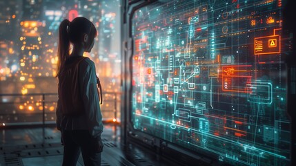 A young student stands in a futuristic cityscape, gazing at a holographic math tutor displaying complex equations and diagrams.