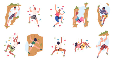 Wall climbers. Rock climbing team people characters, extreme sport mountaineering outdoor risk activities climber safety rope exercise on high cliff set classy vector illustration