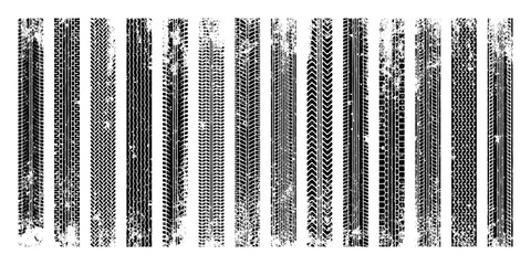 Grunge tire tracks, wheel braking marks. Truck, car or motorcycle tread pattern silhouettes. Auto race, motorsport, speed racing design element. Vector illustration