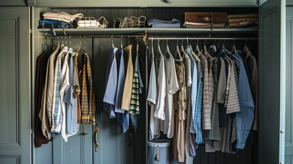 A well-organized closet with numerous shirts and other clothing items hanging on hangers.