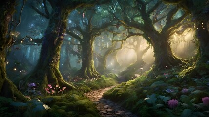 A beautiful fairytale enchanted forest with big trees and great vegetation. Digital painting background