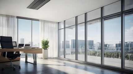 Obraz premium Beautiful background of a light modern office interior with panoramic windows and beautiful lighting.