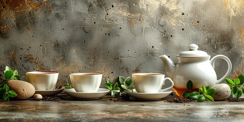 Obraz premium Minimalist Tea Setting with White Teapot and Cups Surrounded by Fresh Leaves on Concrete Background