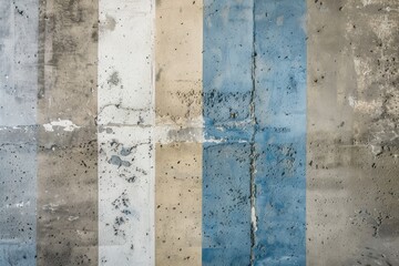 Weathered concrete wall with vertical stripes of blue, gray, white, and tan paint provides a distressed background texture