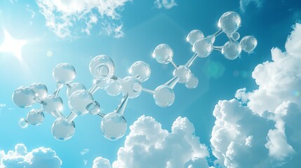 A stylized illustration of an ozone molecule in a blue sky