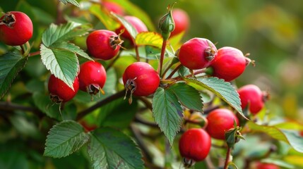 Obraz premium Red rose hip berries growing on a shrub