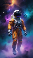Astronaut in space with stars, a galaxy, a purple and blue nebula, and galaxies reflected in his helmet