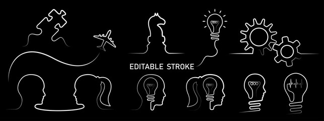 Editable lines business concept vector illustration set. Line art lightbulb, head, gears, airplane, puzzle piece design to use for business idea, innovation, strategy, success concept project.
