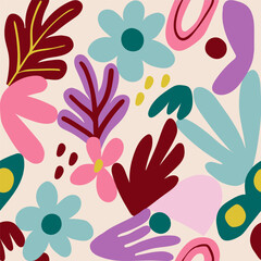 This image is a seamless vector pattern with abstract shapes and organic cut-out elements. It features colorful flowers and leaves in a Matisse style.