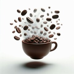 Coffee beans floating isolated on a white background