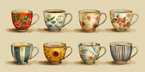 Vintage Tea and Coffee Cup Set Vector Illustration - English Afternoon Tea Party Collection