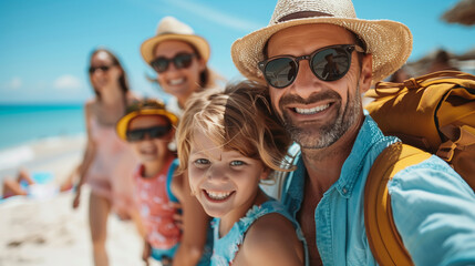 Creating Memories: Dad Takes Selfie with Family on Summer Beach Trip