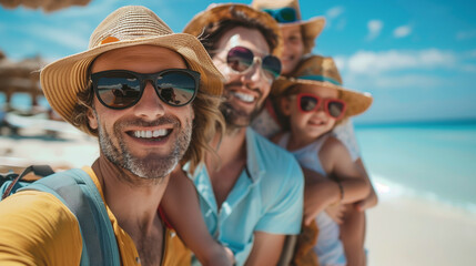 LGBT Family Vacation: Two Dads Taking Selfie with Children in Summer