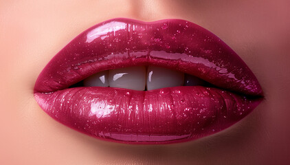 Obraz premium Women's lips are painted with red shiny lipstick. 
