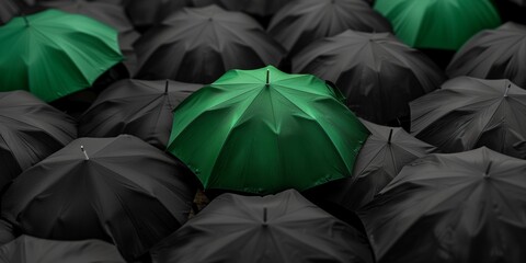 Green umbrella standing out among gray umbrellas