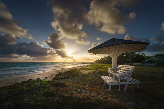 Gazabo on the beach at sunrise in Trelawny, Jamaica.