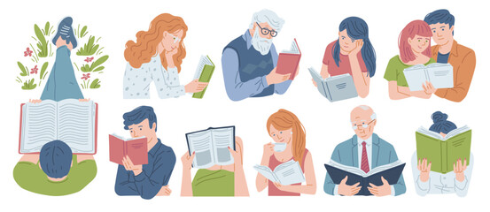 Young and elderly people reading a book with enjoy and great interest, cartoon booklover characters vector set isolated