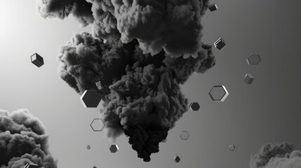 A dramatic explosion of black and white smoke, accented with floating 3D hexagons and boxes in a monochrome palette