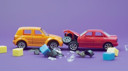 Front view of traffic car toy block accident and insurance concept on purple background