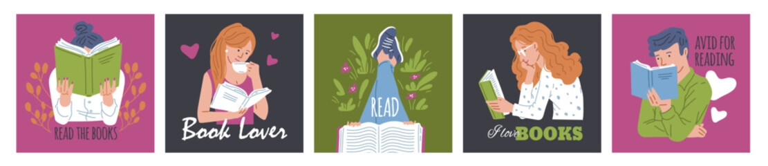 Set of squared banners with people reading books flat style, vector illustratio