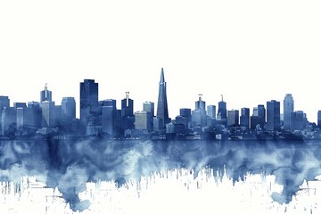 Watercolor skyline of San Francisco with iconic Transamerica Pyramid in blue tones - modern urban cityscape art