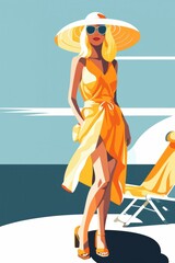 Stylish woman in yellow dress and hat enjoying summer vacation by the beach under clear blue sky, flat illustration