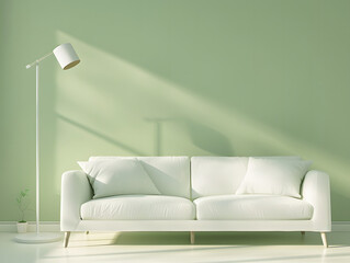 Interior room with white sofa and floor lamp in front of light green background