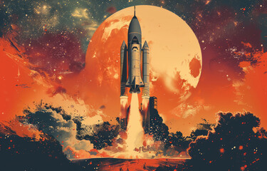 Obraz premium the image a decided by two part left side part and right side part .a vector retro style design on the left side showcasing a space rocket.generative ai