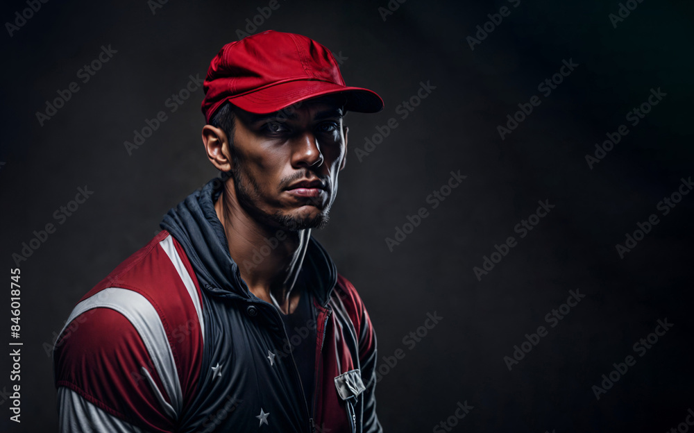 Wall mural Portrait of a man wearing red cap and american flag sweatshirt with hood. Hard worker republican party supporter. Copy space