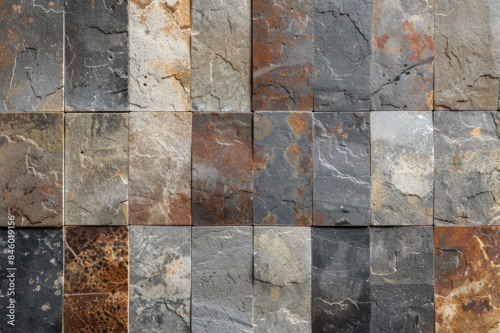 Poster natural stone wall cladding made with rectangular tiles showing a variety of textures and colors, cr