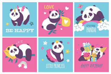 Naklejka premium Set of squared postcards or banners with cute pandas flat style