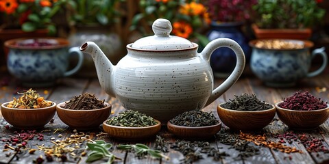 Serene Tea Concept with White Teapot and Dry Tea Leaves
