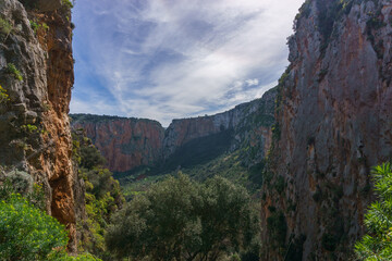 View at rocky landscape with green vegetation in Nature Park of Monte Cofano at mediterranean sea, San Vito Lo Capo, Sicily, Italy