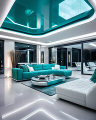 Fototapeta premium Modern living room in white and green.