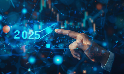 Businessman touching a virtual screen with a growth arrow graph and text "2025" over a world map background