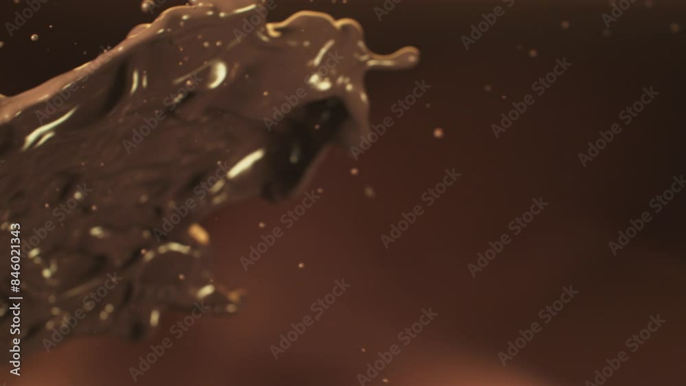 Poster super slow motion of melted chocolate splashing in wave shape. filmed on high speed cinema camera, 1