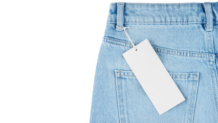 Denim blue jeans pants isolated on white, transparent background, top view. Back side of jeans with...