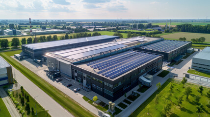 Fototapeta premium warm sunny summer weather, a huge new plant on the roof of which there are many solar panels,generative ai