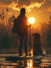 Together with the dog on the SUP board: the harmony of man and nature. High quality photo, generated by Ai