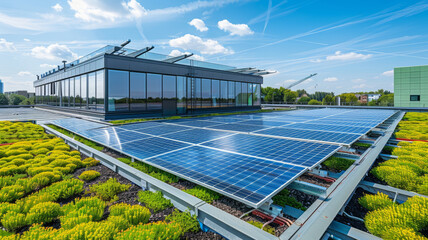 warm sunny summer weather, a huge new plant on the roof of which there are many solar panels,generative ai