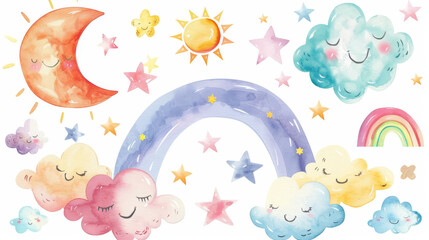 Collection of watercolor illustrations featuring rainbow clouds, sun, moon, and stars. Fantasy pastel colors