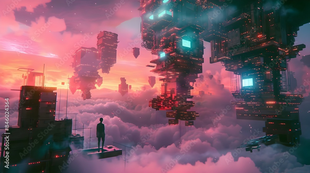 Wall mural man looking out into a futuristic abstract cityscape with dystopian post apocalyptic and fantasy ele