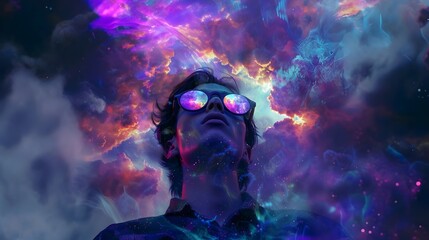 Vivid technicolor motion depicting imagery of man looking at dark purple clouds in the sky with sunglasses on