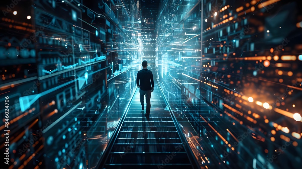 Wall mural man walking down a staircase in a cybernetic digital technology matrix background