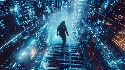 Man walking down a staircase in a cybernetic digital technology matrix background