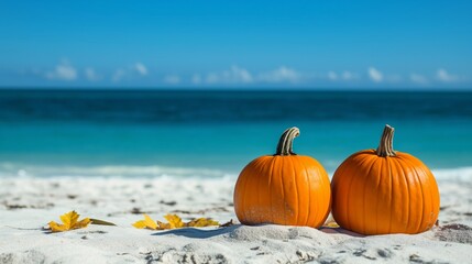 Two orange pumpkins on a sandy beach with a bright blue sky with copy space, ideal for Halloween or autumn-themed designs with a twist.