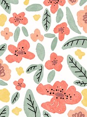cute flower illustration, poppies, daisies, yellow flowers, green leaves, pastel colors, wallpaper, pattern, fabric, invitations, cards, wrapping paper